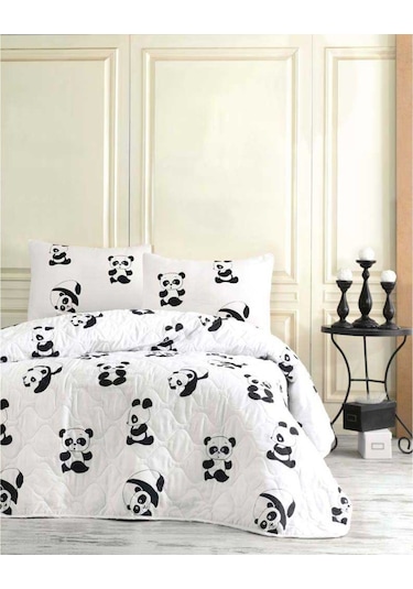 Eponj Home Kapitone Yatak Örtüsü Seti Çift Kişilik B-W Panda