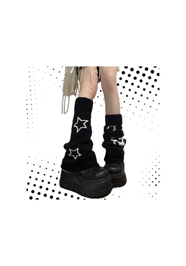 Padalink Çift Taraflı Yıldız Desenli Dikişli Polyester Kadın Bilek Çorabı Siyah-beyaz Kuzu Desenli Isı Sağlayıcı Bilekliği Siyah