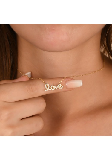 Zirkon Taşlı Pırlanta Montür Altın Kaplama Love Gümüş Kolye