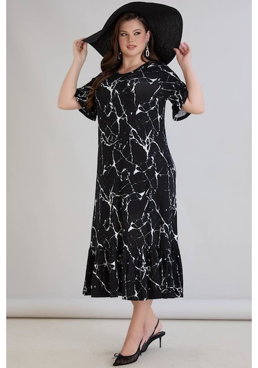 Wearon Kadın Dora Büyük Beden Volanlı Mermer Desen Siyah Elbise Siyah