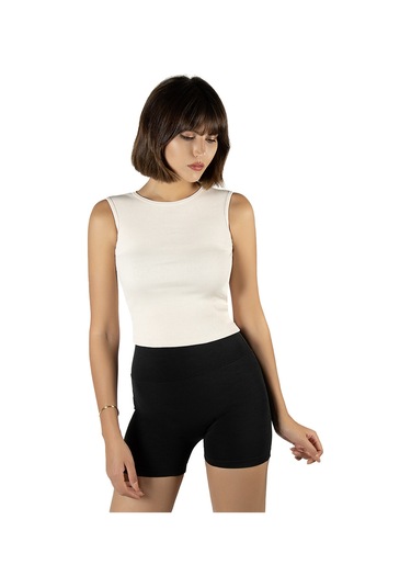 Krem Fitted/vücuda Oturan Crop Halter Yaka Fitilli Esnek Örme Bluz Atlet Krem