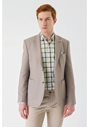 Örme Mono Yaka Çift Yırtmaç Likralı 6 Drop Slim Fit Dar Kesim Klasik Ceket 1002240138 - Bej