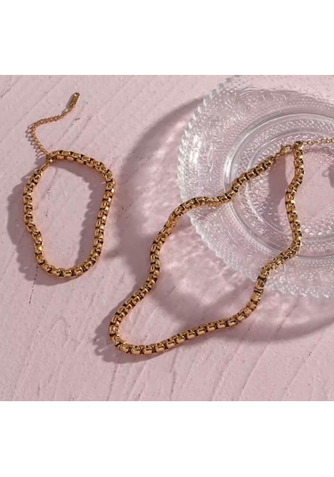 Gold Kalın Örme Çelik Erkek Kolye Ve Bileklik Set 5mm Altın