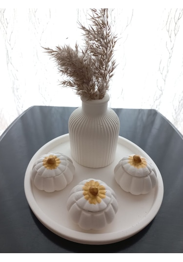 Tabakta 3'lü Mini Balkabağı Vazo Dekoratif Set Beyaz 03