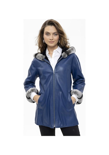 Mavi Perla Geniş Kesim İçi Kumaş Çift Taraflı Kapüşon Ve Kol Ağzı Kürklü Kadın Hakiki Deri Kaban-mavi Mavi