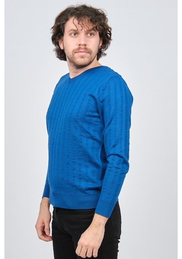 Desen Triko Erkek V Yaka Yün Kazak 0249626 Saks Saks Mavi Saks