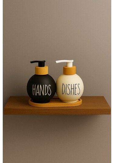 Bambu Standlı Cam Sıvı Sabunluk Seti 500 Ml Çiftli Dispenser Hands & Dishes Yazılı, Siyah-beyaz Siyah Beyaz