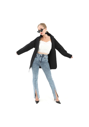 Düşük Omuz Kemerli Atlas Kumaş Blazer Ceket - Siyah-siyah Siyah