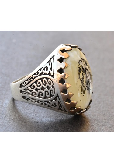 Erkekler İçin Sterlin Gümüş Yüzük - Doğal İnci Taşı Ve Çift Başlı Kartal Tasarımı Gümüş