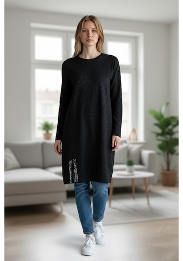 Kadın Önü Desenli Etek Yan Ucu Boncuklu Düşük Kol Tunik Siyah