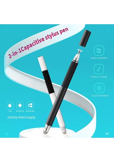 At-31 İletken Kumaş Kafa Hassas Enayi Kapasitif Kalem Kafası 2'si 1 Arada El Yazısı Kalemi 2 Kalem Kafalı Gümüş Beyaz