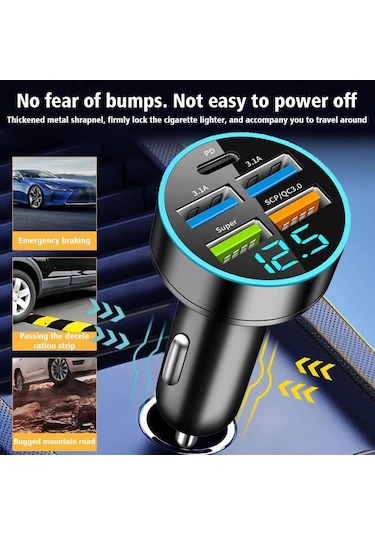 5 Portlu Süper Hızlı Usb Araç Şarj Cihazı 14 Pro Max 13 Oneplus 250w Siyah-cn