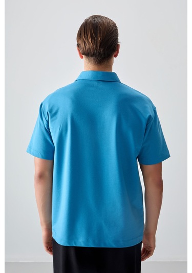 Tommy Life Petrol Mavi Pamuklu Kalın Yumuşak Dokulu Polo Yaka Oversize Fit Basic Erkek T- Shirt - 88382 Petrol Mavi