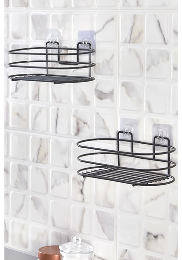 2' Li Banyo Düzenleyici - Yapışkanlı Banyo Ve Mutfak Rafı - Siyah Toparlayıcı Banyo Aksesuarı Şampuanlık Sabunluk Siyah
