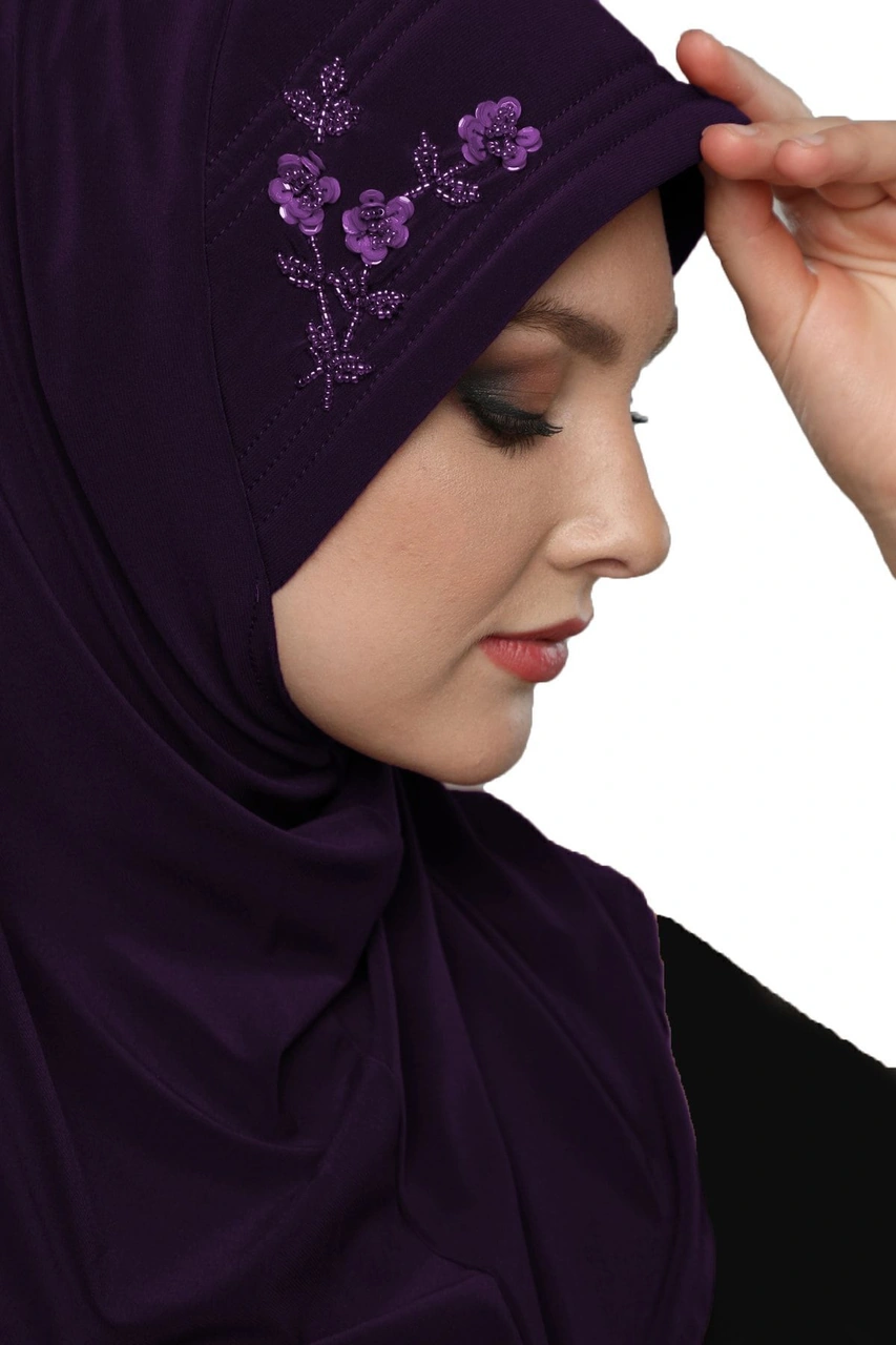 Takmatik Taşlı El Işi Boncuk Işlemeli Mor Hazır Türban Tesettür Bone Namaz Örtüsü Mor