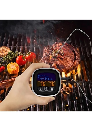 Honeybeeshop Siyah 1 Adet Cift Ekranli Dijital Et Termometresi Buyuk Dokunmatik Ekran Paslanmaz Celik Prob Bbq Pisirme Firinlama Icin Ideal