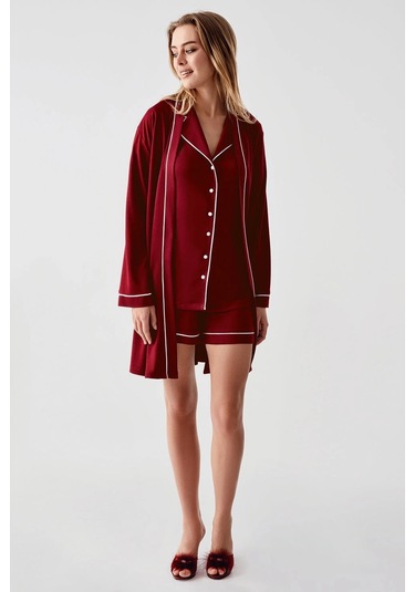 Freshness 324 Kadın 4'lü Sabahlıklı Şorlu Pijama Takımı - Bordo - L Bordo