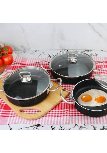 Meşeler Granit Omlet Sahan Seti 3 Lü Siyah - İnox 18  x 20 x 22 CM