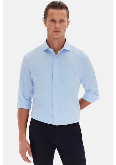 D'S Damat Ds Damat Slim Fit Açık Mavi Italyan Yaka Armürlü Uzun Kollu Kolay Ütülenebilir Nefes Alan Dört Mevsi 2HF02ORT3185 Açık Mavi