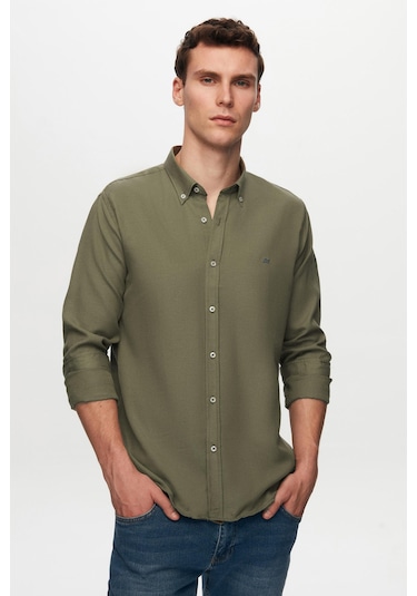 Ds Damat Slim Fit Haki Oxford Düğmeli Yaka Kolay Ütülenebilir Nakış Detaylı Pamuklu Gömlek 4hc02ort03265 H01