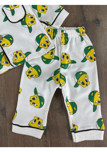 Tweety Baskılı Kruvaze Yaka Pijama Takımı 4bb2 Beyaz