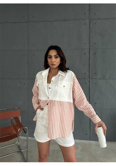 Gabardin Şort - Gabardin - Çizgili Keten Garnili Ceket Takım - Orange Orange