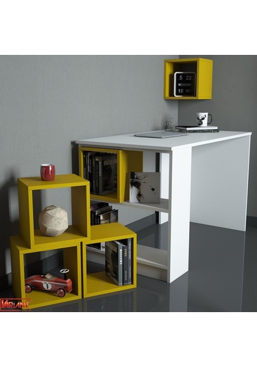 Variant Box Kitaplık Ve Çalışma Masası Takımı - Beyaz / Sarı Beyaz
