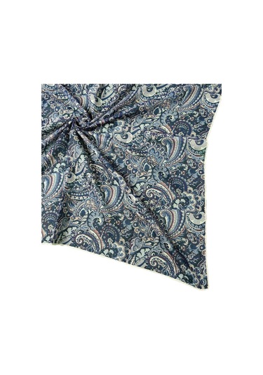 Ebruli Pamuklu Etnik Desenli Soft Eşarp 90x90 Cm Lacivert - Krem