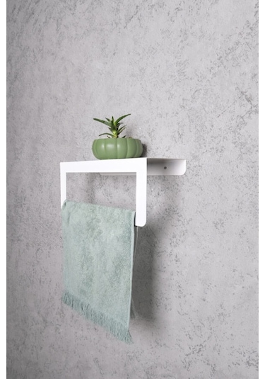Dione Store Beyaz Havlu Tutacağı Raf Metal Havlu Askısı Mutfak Banyo Raflı Havluluk Metal Raflı Havluluk Beyaz