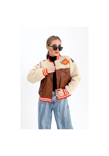 Beli Lastikli Nakışlı Derili Peluş Ceket Mont - Taba-taba Taba