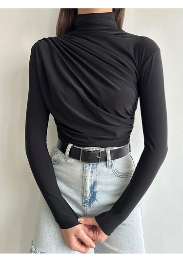 Kadın Büzgü Detaylı Dik Yaka Sandy Bluz Siyah