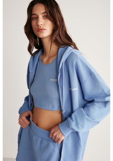 Ametıs Kadın Oversize Organik Pamuklu Metal Fermuarlı Kapüşonlu Mavi Sweatshirt