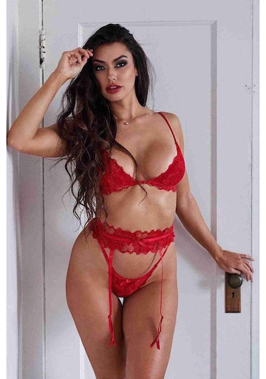 Merry See Sütyen Külotlu Jartiyer Takım Kırmızı