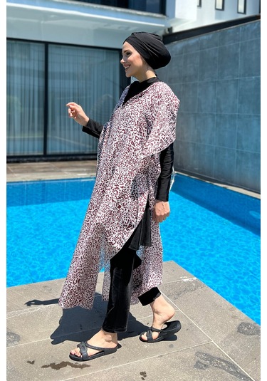 Remsa Mayo Üzerine Kaftan Pareo 430-217 Leopar Bordo Bordo