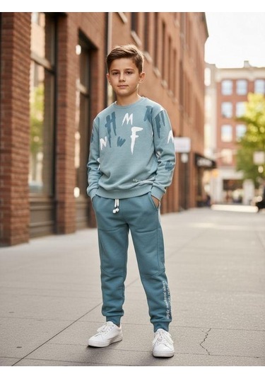 Zekids Erkek Çocuk Pamuklu Baskılı Eşofman Takım-16324 Mint Yeşili
