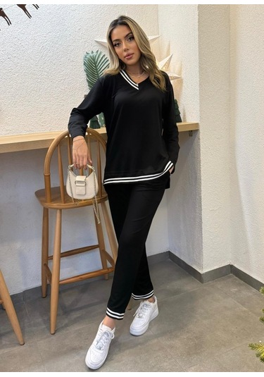 The İstanbul Kadın Yeni Sezon Uzun Kollu Ribana Detay Ikili Takım Siyah