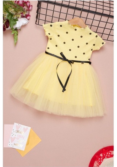 Puantiyeli Sarı Doğum Günü Ve Özel Günler İçin Kız Çocuk Tüllü Elbise 2-7 Yaş Aralığı Sarı