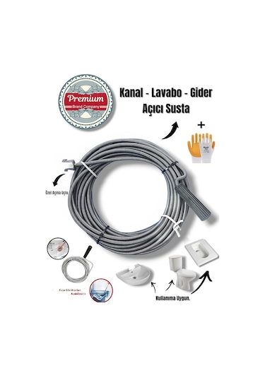 Premium Klozet Lavabo Gider Açıcı 10 Metre 9 Mm Özel Uç Aparatlı Kanal Susta + Eldiven