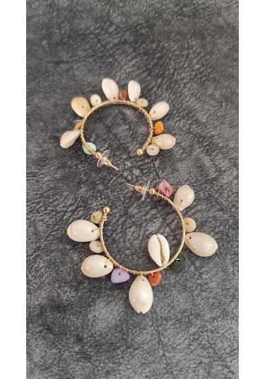 Hdmarketim Otantik Doğal Taş Deniz Kabuklu Vintage Küpe Çok Renkli