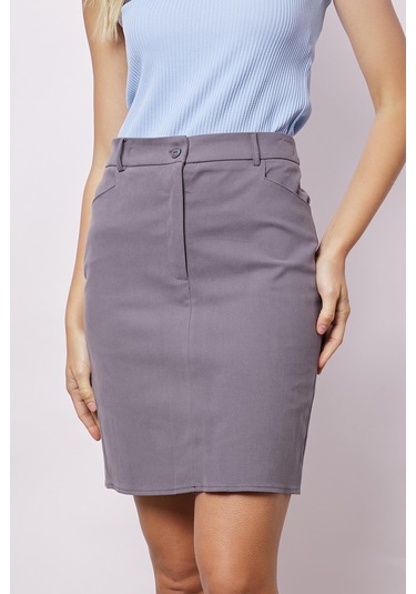 Kadın Cep Detaylı Diz Üstü Hafif Likralı Pamuklu Kumaş Kalem Etek-koyu Gri K.gri