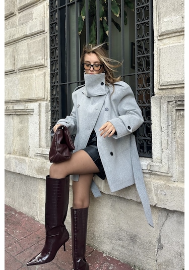 Gri Ek Parça Yaka Detaylı Kaşe Kaban - 1125 Gri