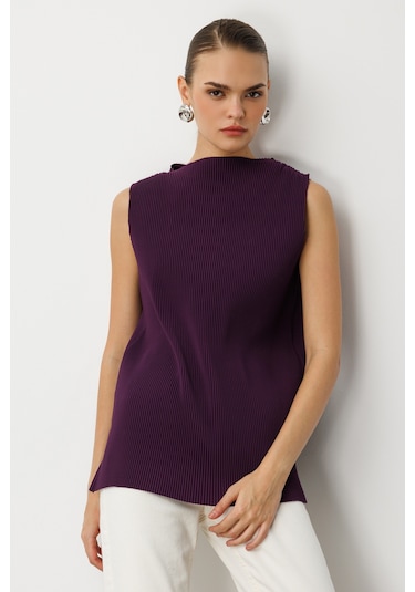 Mizalle Full İnce Pilise Mor Kolsuz Şifon Bluz Mor