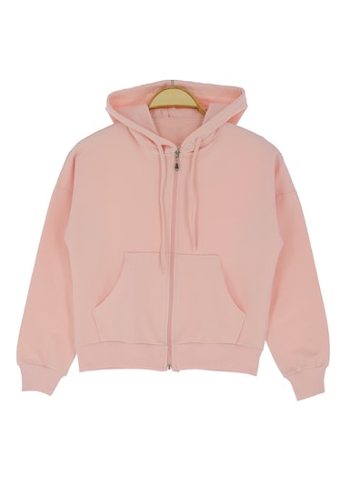 Kız Çocuk Believe Yazılı Fermuar Kapamalı Kapüşonlu Pudra Hırka