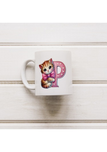 P Harfli Bardak, Sevimli Kedili Pembe Tasarım Bardak, Arkadaşa Aileye Hediye Porselen Beyaz
