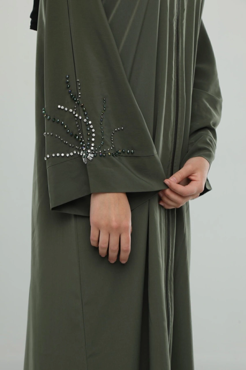 El Işi Taş Işlemeli Fermuarlı Haki Renk Ferace Tesettür Kadın Haki