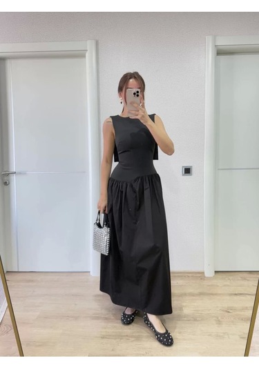 Krep Arkası Kanat Arka Ön Pens Detaylı Uzun Kadın Elbise - Siyah Siyah