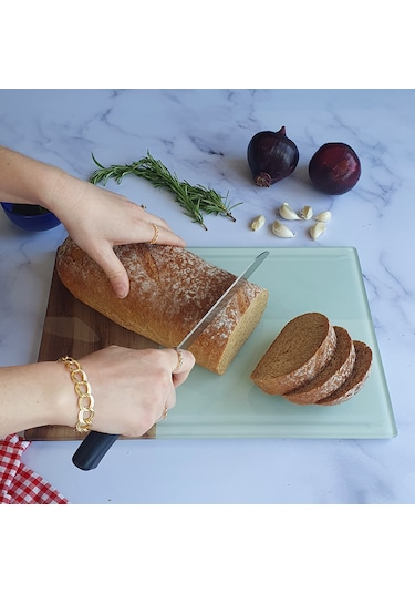 Decorita Kanallı Cam Kesme Tahtası Cam Kesme Tablası Kenarı Ahşap Desenli 25cm x 35cm