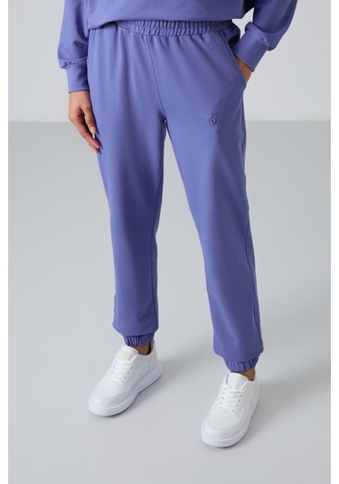 Tommy Life Eflatun Basic Pamuklu O Yaka Oversize Lastik Paça Kadın Eşofman Takım - 95287 Mor