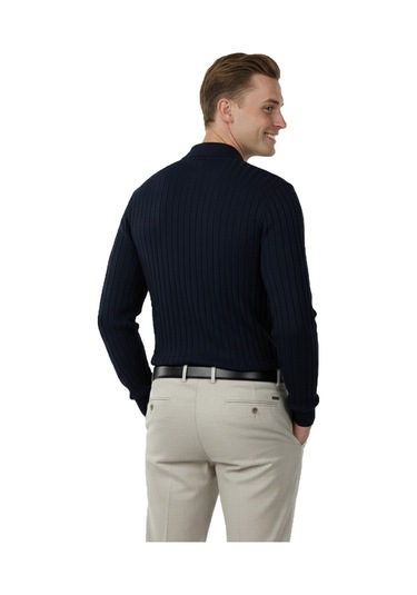 Deepsea Erkek Lacivert Polo Yaka Fitilli Triko Kazak %100 Pamuk, Esnek Dokulu, Modern Kalıp 2605305 Lacivert