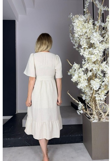 G1027 Dantel Detaylı Keten Elbise Bej-bej Bej